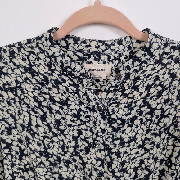 Zadig & Voltaire | Navy Cream Floral Rima Crepe Midi Shirt Dress Size Small - Picture 7 of 16
